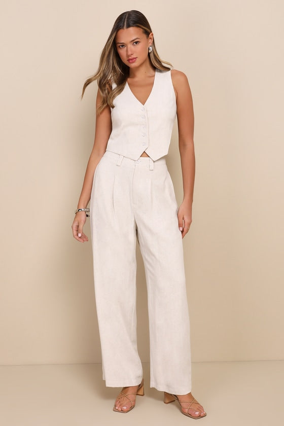 Suits You Perfectly Dark Blue Linen Wide-Leg Pants