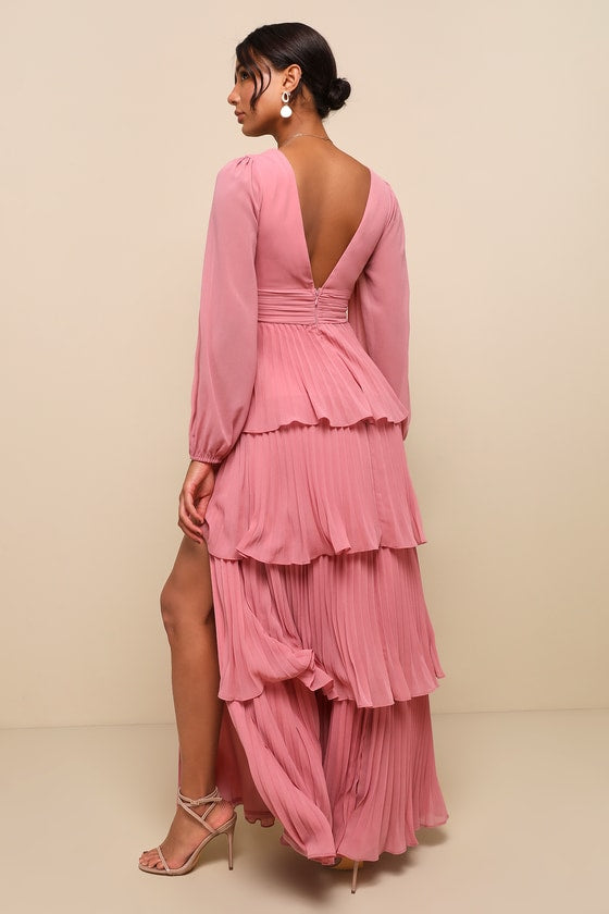 Graceful Finesse Olive Green Pleated Long Sleeve Maxi Dress
