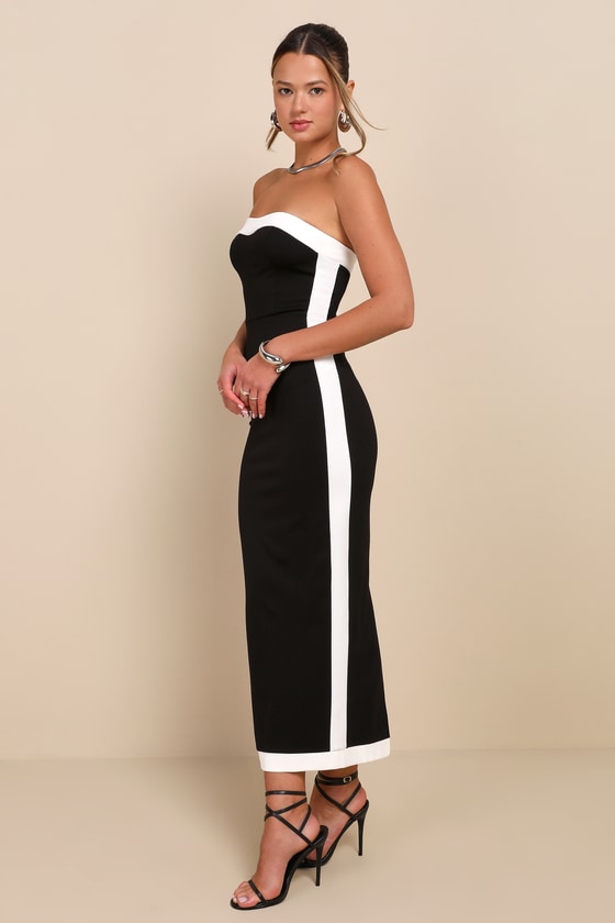 Impressive Edge Black Color Block Strapless Midi Dress