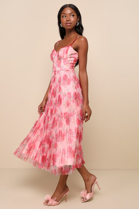 Alluring Invite Midnight Blue Floral Pleated Bustier Midi Dress