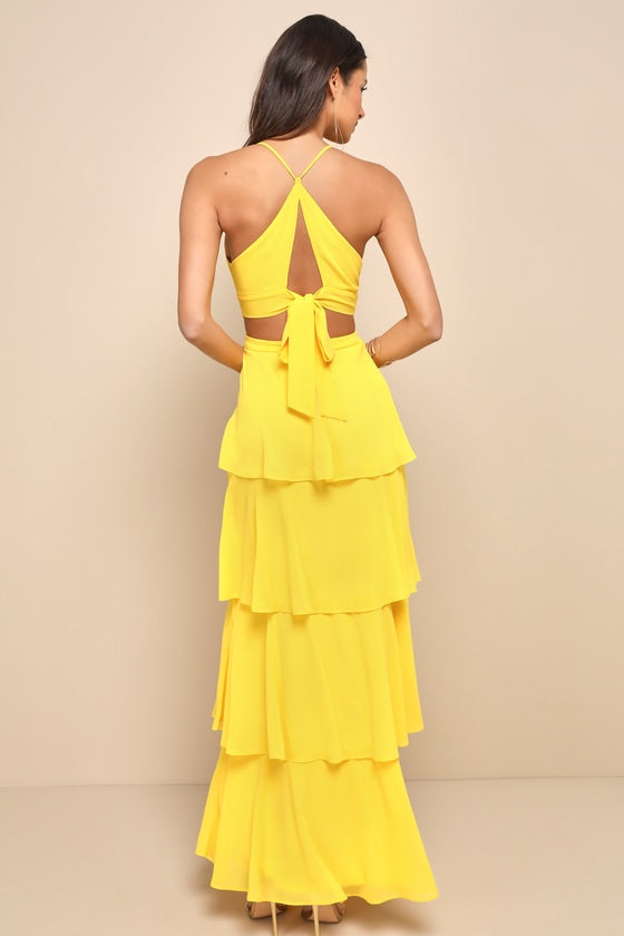 Tier and Now Blue Tie-Back Tiered Maxi Dress