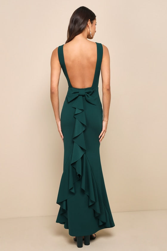 Exquisite Refinement Ivory Backless Bow Ruffled Maxi Dress