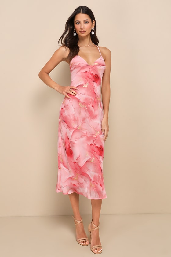 Bright Charm Light Blue Abstract Print Chiffon Slip Midi Dress