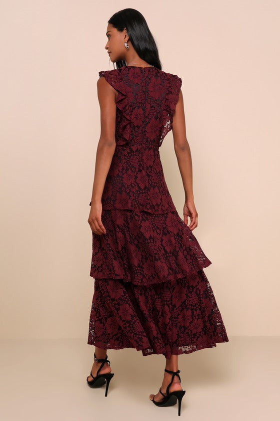 Molinetto Navy Blue Lace Ruffled Tiered Sleeveless Maxi Dress