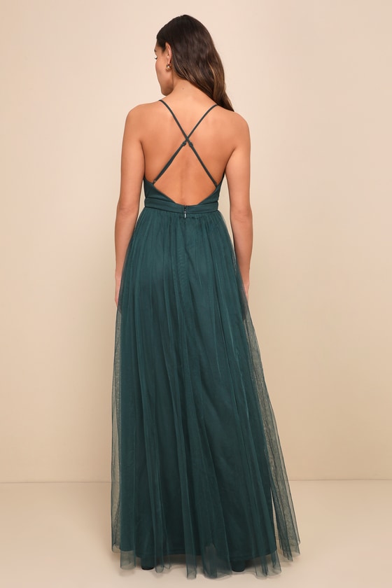 Rare Beauty Navy Blue Tulle Backless Maxi Dress