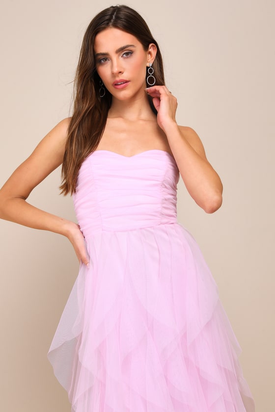 Delightful Beauty Yellow Strapless Ruched Ruffled Maxi Dress