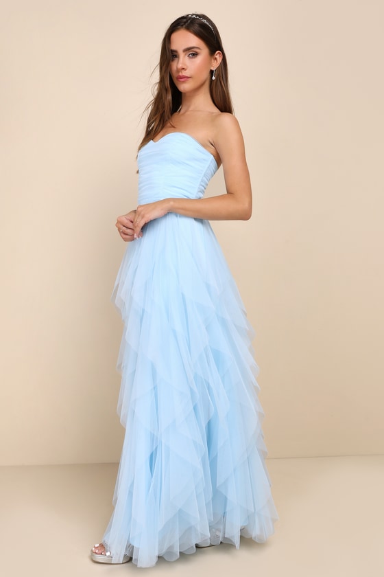 Delightful Beauty Yellow Strapless Ruched Ruffled Maxi Dress