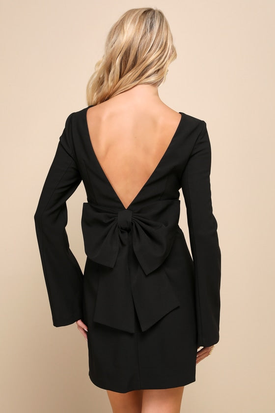 Elegant Cutie Ivory Bow Long Sleeve Backless Mini Dress