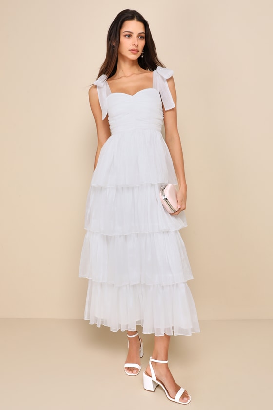 Radiant Arrival Shiny Gold Organza Tiered Tie-Strap Maxi Dress