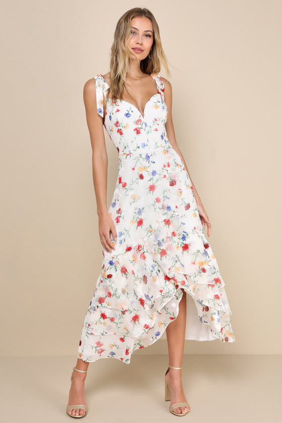 So Elevated Blue Floral Jacquard Tie-Strap High-Low Midi Dress