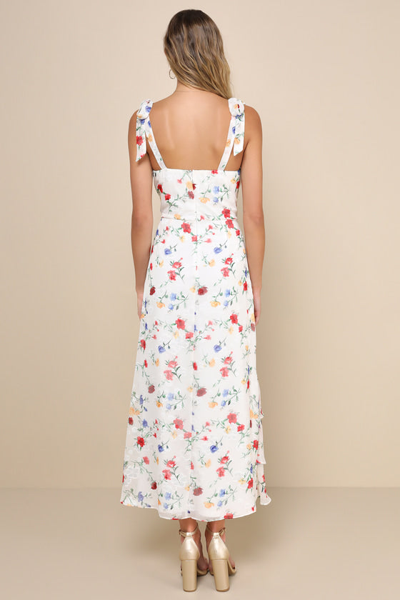 So Elevated Blue Floral Jacquard Tie-Strap High-Low Midi Dress