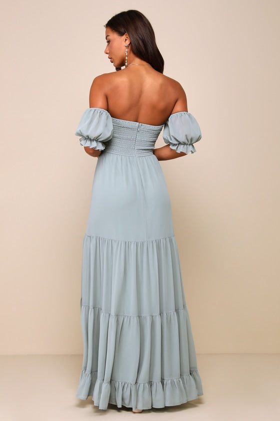 Exceptionally Gorgeous Sage Chiffon Off-the-Shoulder Maxi Dress