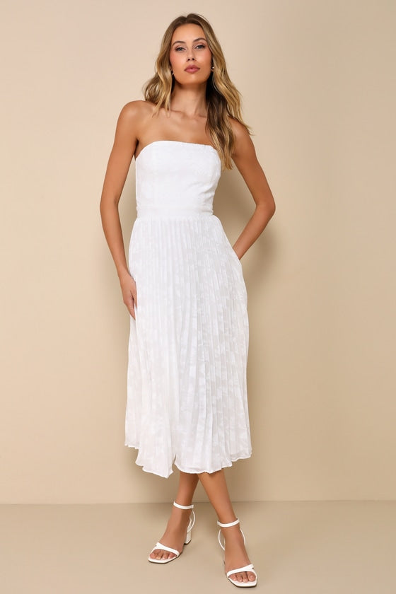 Perfectly Stunning Navy Jacquard Strapless Midi Dress