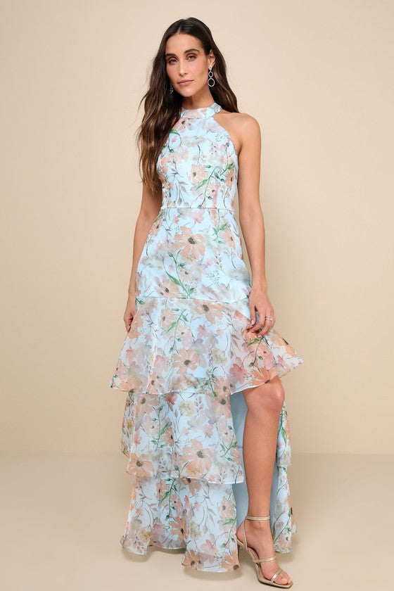 Forever Exceptional Black Floral Halter Organza Maxi Dress
