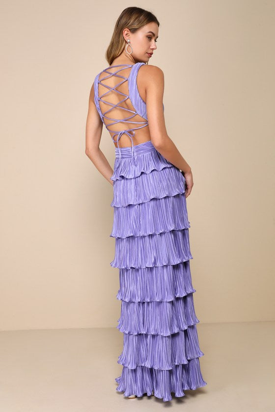 Beauty Icon Pink Satin Pleated Tiered Lace-Up Maxi Dress