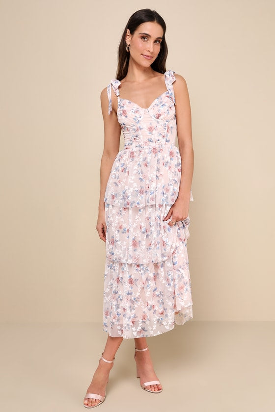 Flirtatious Radiance Blush Pink Floral Mesh Bustier Midi Dress
