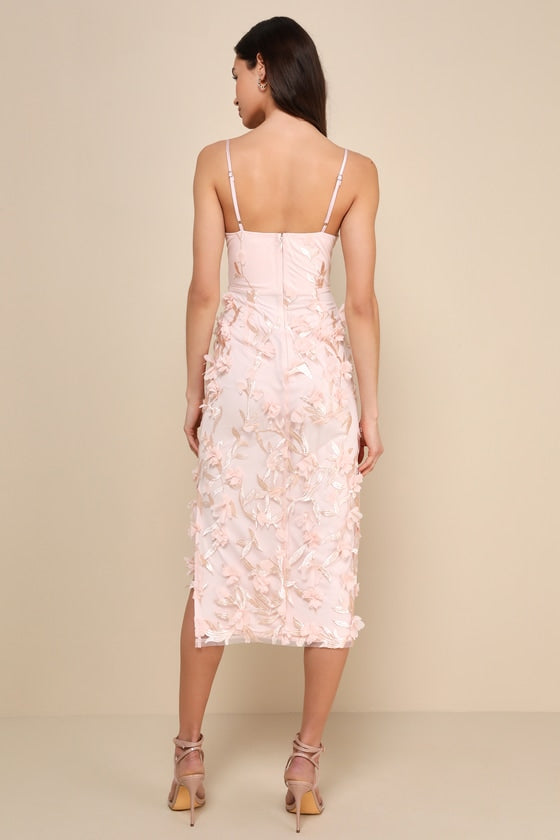 Limitless Adoration Blush Pink 3D Floral Embroidered Midi Dress