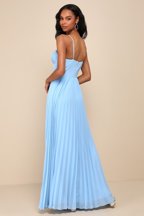 Admirable Elegance Navy Pleated Bustier Maxi Dress