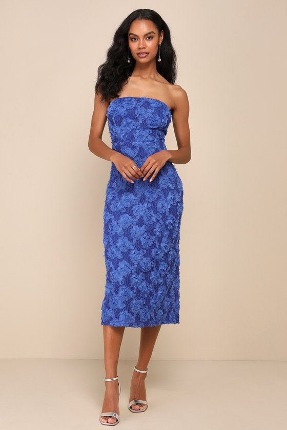 Flawless Perfection Emerald Floral Applique Strapless Midi Dress