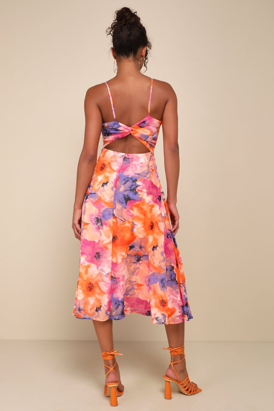 Radiant Feelings Blue and Purple Floral Chiffon Midi Dress