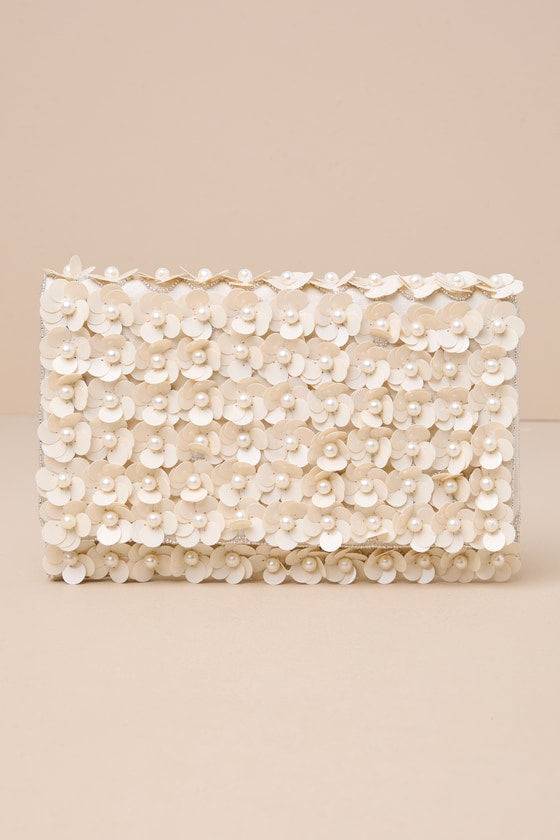 Sparking Perfection Ivory Floral Sequin Pearl Clutch