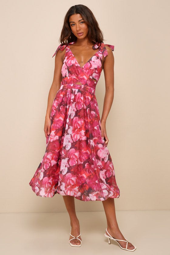 Flowering Day Dream Purple Floral Organza Midi Bubble Dress