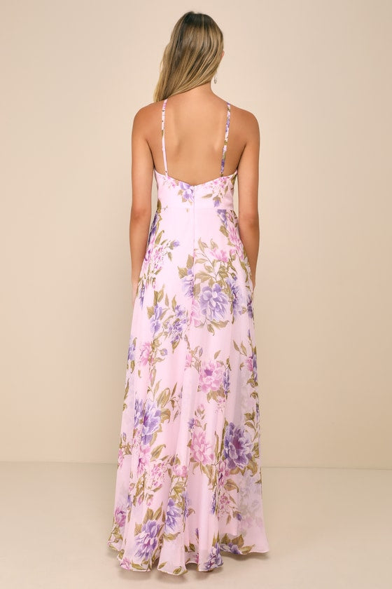 Romantic Marvel Pink Floral Print Halter Neck Maxi Dress