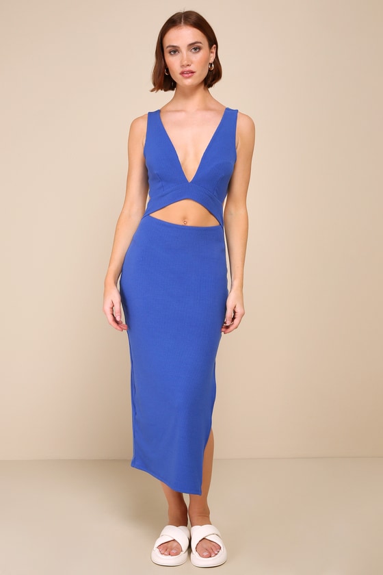 Divide and Contour White Ribbed Cutout Bodycon Midi Dress