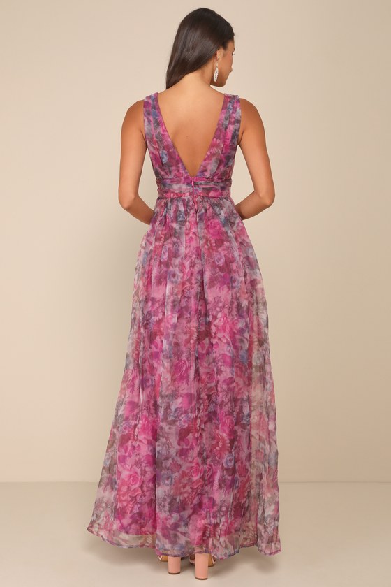 Garden Romance Light Blue Floral Print Organza Maxi Dress