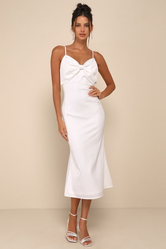 Extravagantly Sleek Navy Blue Satin Sleeveless Bow Midi Dress
