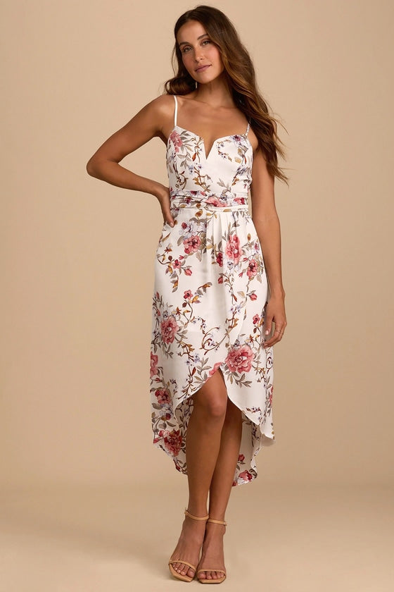 My Favorite Day Red Floral Print Tulip Skirt Midi Dress