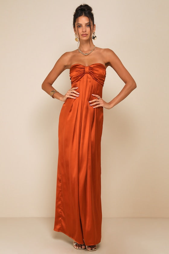 Memorable Entrance Dark Blue Strapless Satin Maxi Dress