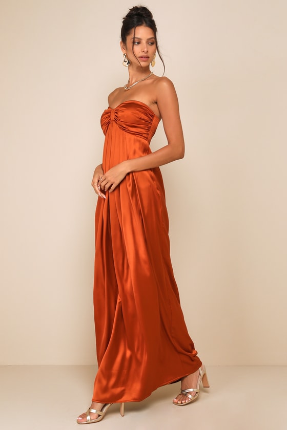 Memorable Entrance Olive Green Strapless Satin Maxi Dress