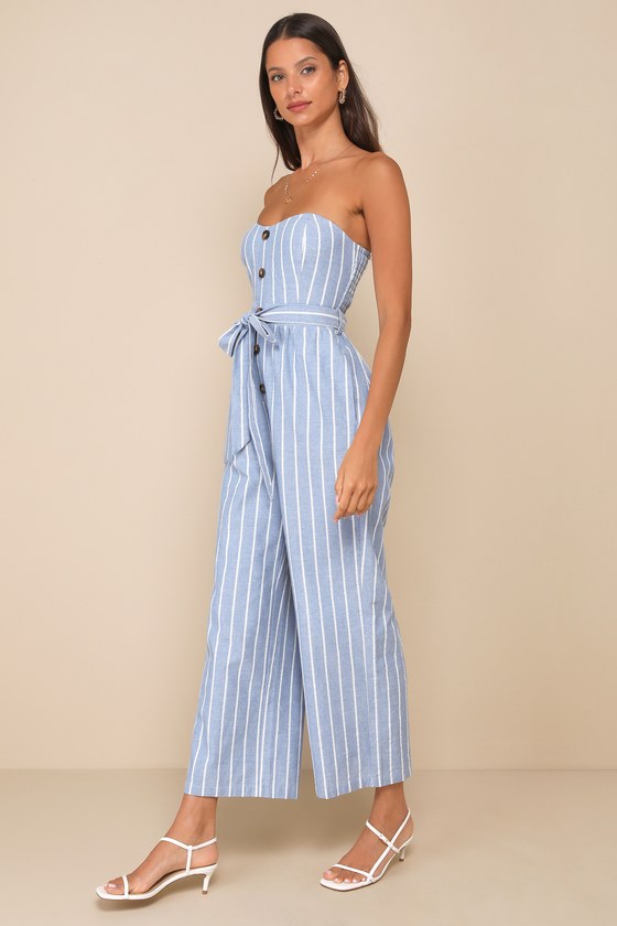 Sunny Day Classic Sage and White Striped Strapless Jumpsuit