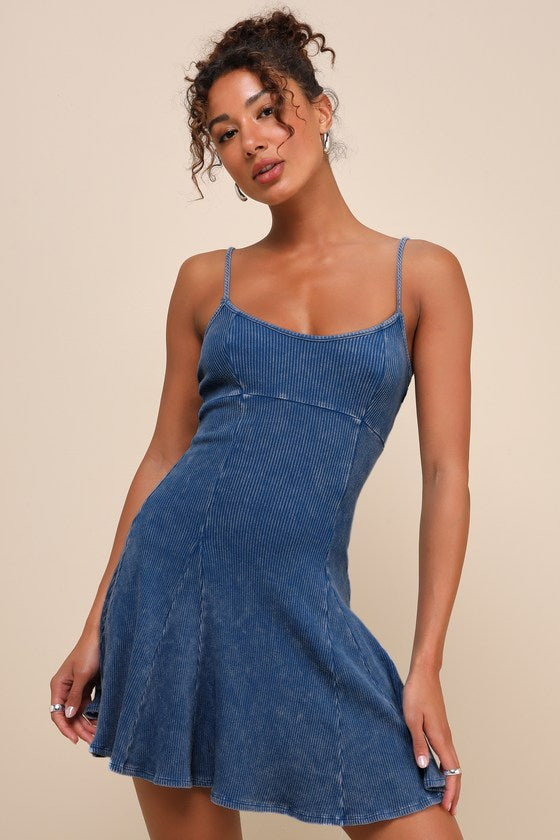 Simply Pretty Washed Black Ribbed Pleated Sleeveless Mini Dress