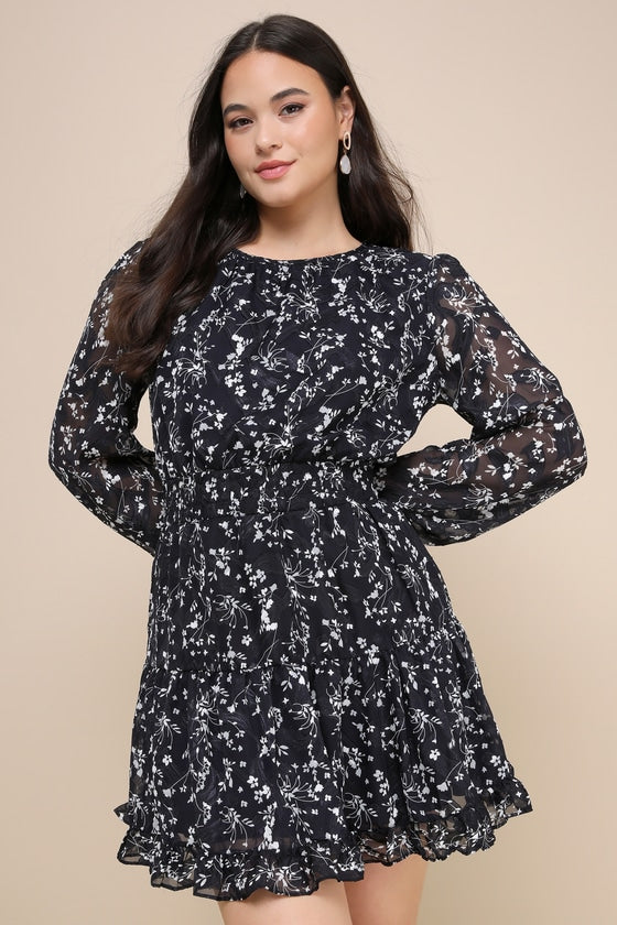 Too Cute Navy Blue Floral Print Smocked Long Sleeve Mini Dress