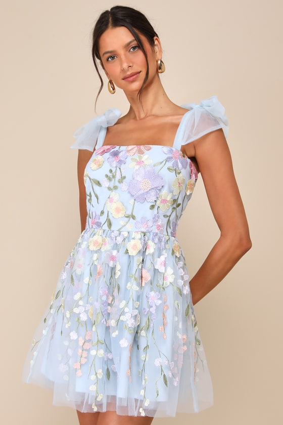 Classic Romance White 3D Floral Applique Tie-Strap Mini Dress