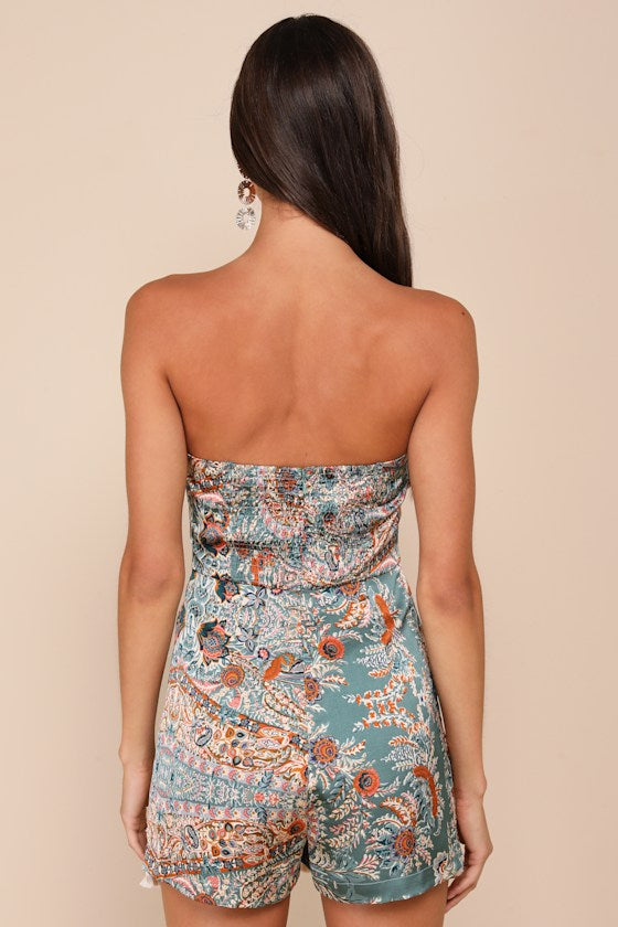 Bohemian Perfection Black Boho Floral Strapless Tasseled Romper