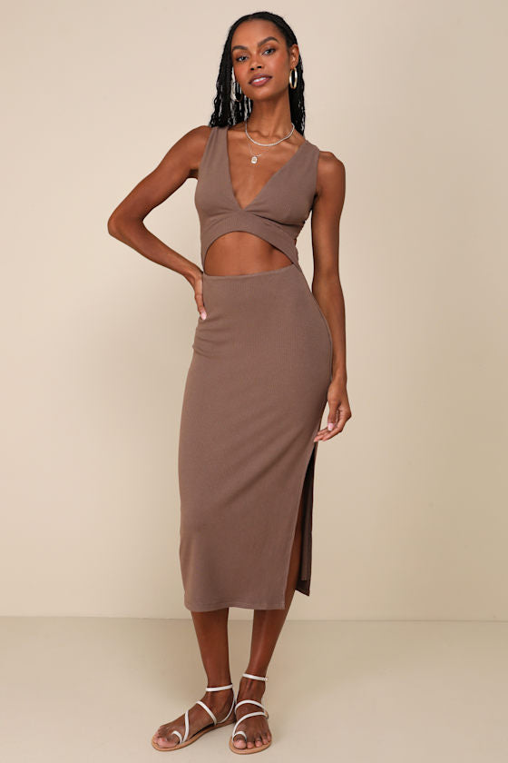 Divide and Contour White Ribbed Cutout Bodycon Midi Dress