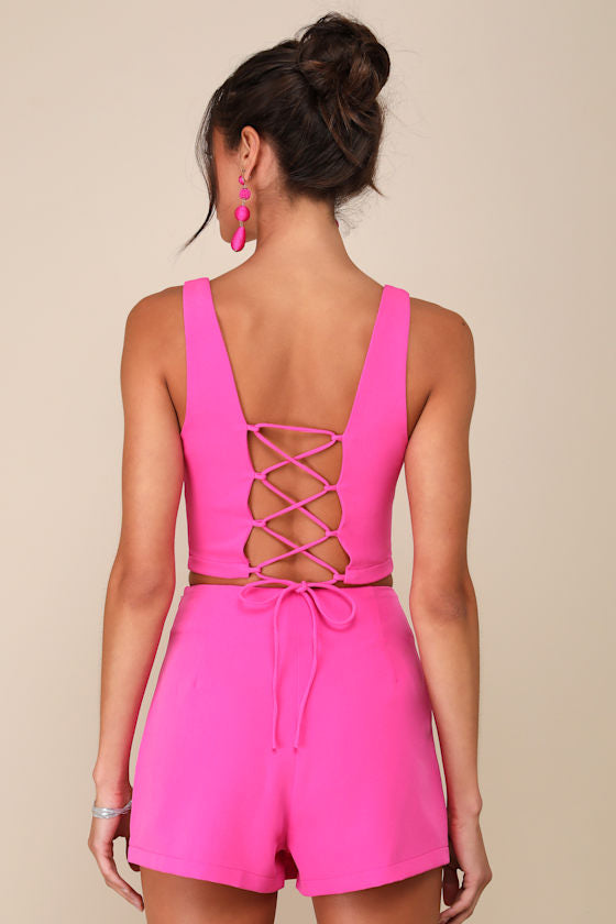 Exceptionally Styled Chartreuse Lace-Up Two-Piece Skort Romper