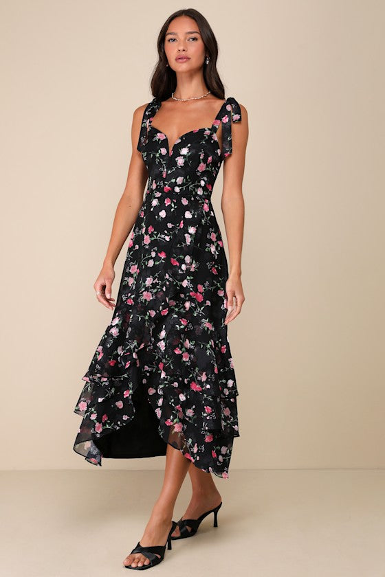 So Elevated Blue Floral Jacquard Tie-Strap High-Low Midi Dress