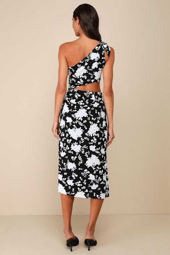 Vacay Beauty Blue Scarf Print One-Shoulder Tie-Strap Midi Dress