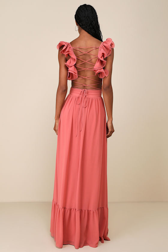 Soiree Celebration Blue Floral Ruffled Lace-Up Maxi Dress