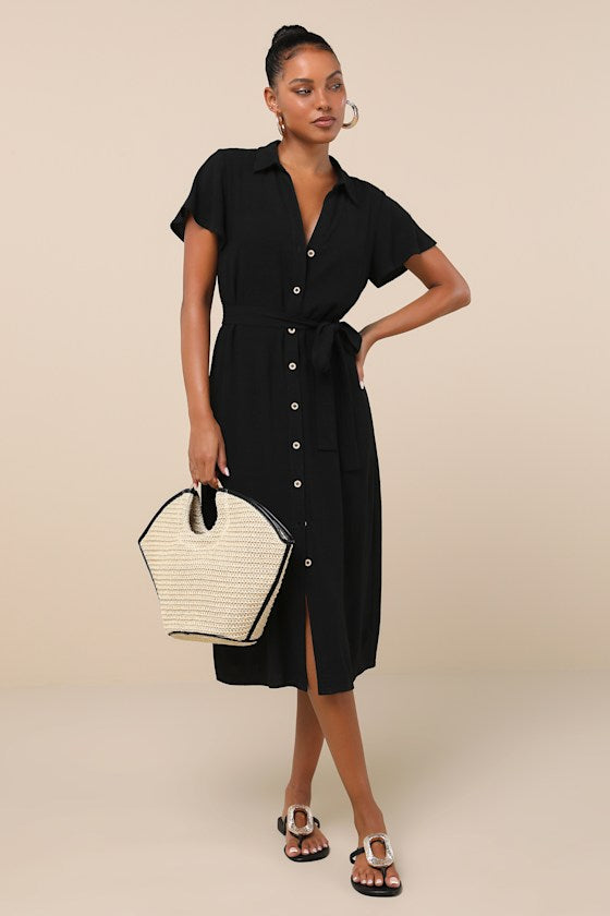 Italian Summer Olive Green Linen Button-Up Short Sleeve Dress