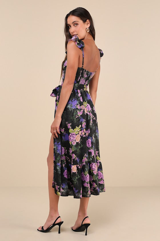 Sweet Like Sangria Blue Floral Ruffled Bustier Midi Dress