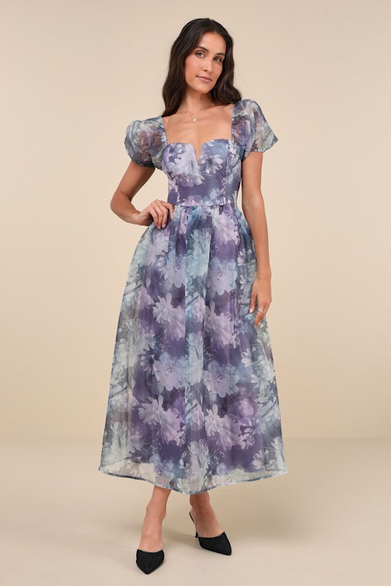 Lovely Statement Purple Floral Organza Tie-Back Midi Dress