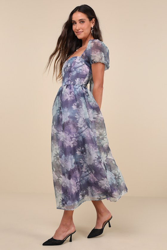 Lovely Statement Purple Floral Organza Tie-Back Midi Dress