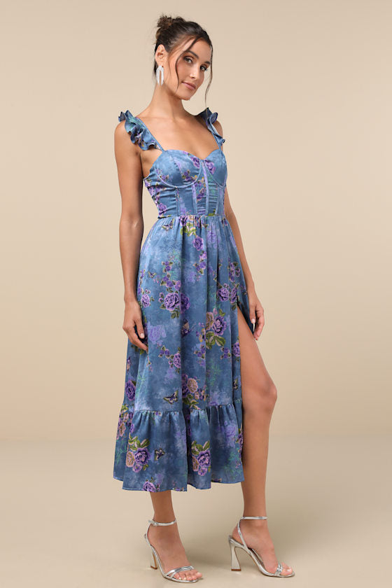 Sweet Like Sangria Pink Floral Ruffled Bustier Midi Dress