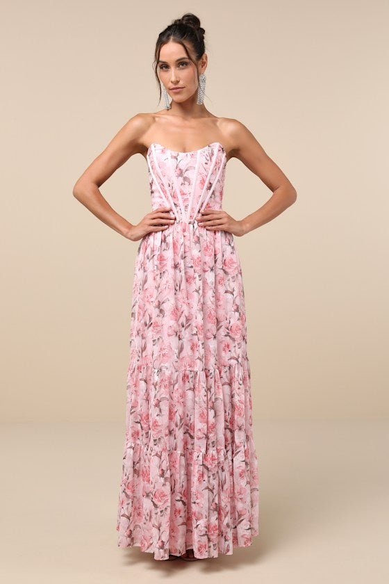 Special Moment Light Blue Floral Strapless Bustier Maxi Dress