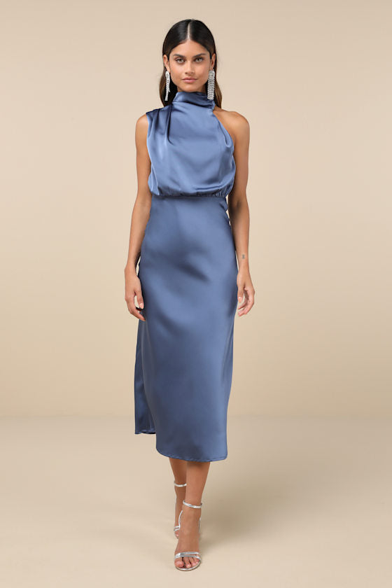 Distinctive Charm Navy Satin Asymmetrical Midi Dress